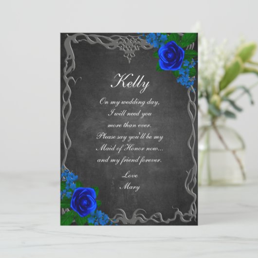 Royal Blue Roos Chalk Board Herfst Maid of Honor Kaart (Staand voorkant)