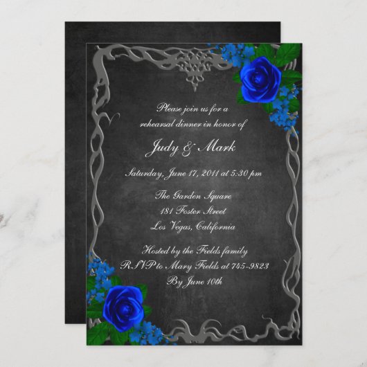 Royal Blue Roos Chalk Board Rehearsal Dinner Kaart (Voorkant / Achterkant)