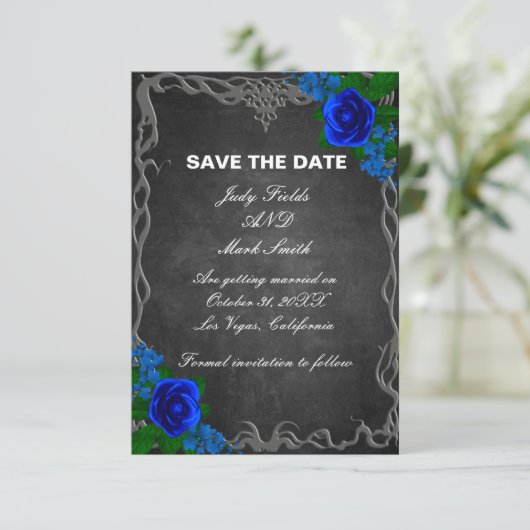 Royal Blue Roos Chalk Board Weddenschap Save the D Save The Date (Staand voorkant)