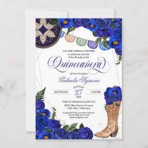 Royal Blue Roos Charra Cowgirl Western Quinceañera Kaart