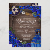 Royal Blue Roos Charro/Mariachi Rustic Quinceanera Kaart (Voorkant / Achterkant)