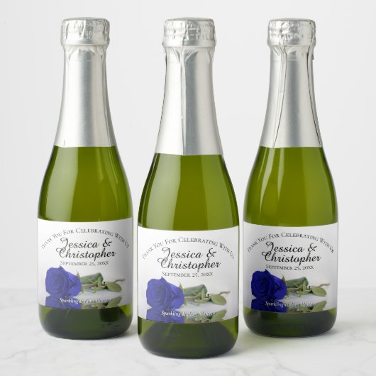 Royal Blue Roos Classy Wedding Bedankt Mini Sparkling Wijnetiket (Flessen)