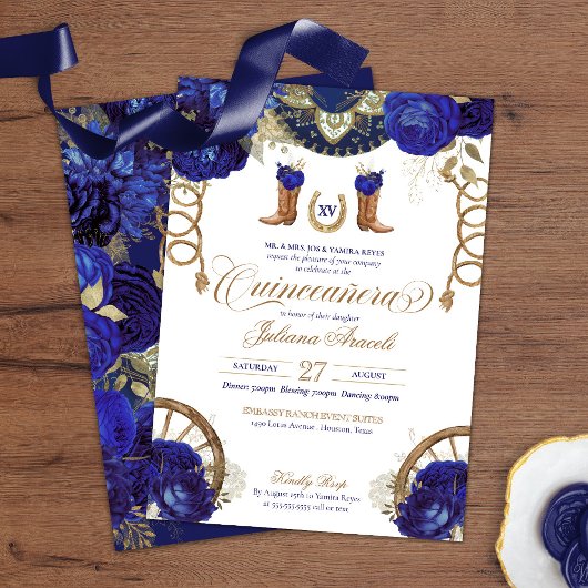 Royal Blue Roos Country Western Charro Quinceanera Kaart
