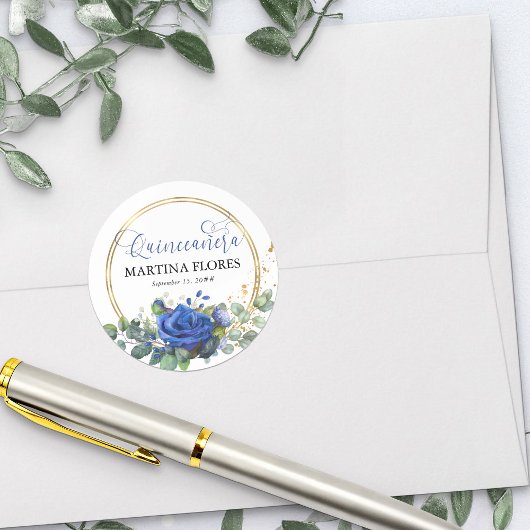 Royal Blue Roos Elegant Calligraphy Quinceanera Ronde Sticker
