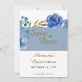 Royal Blue Roos en bladgoud Quinceanera Foto Save The Date (Voorkant)