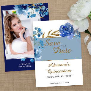 Royal Blue Roos en bladgoud Quinceanera Foto Save The Date
