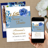 Royal Blue Roos en bladgoud Quinceanera Foto Save The Date