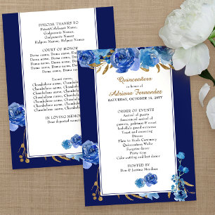 Royal Blue Roos en Elegant Gold Leaf Quinceanera Programmakaart