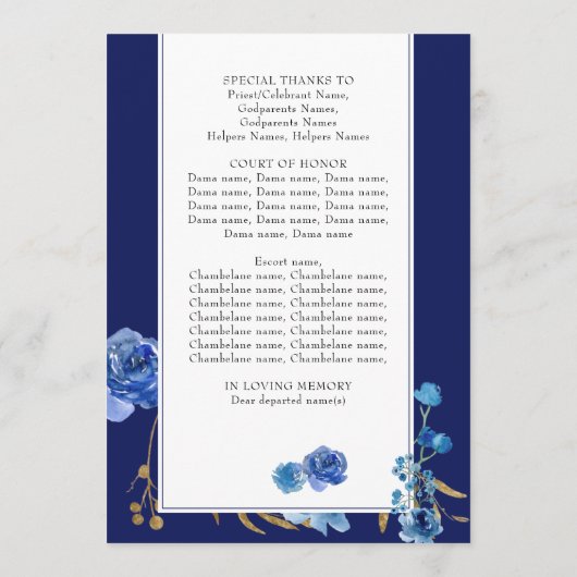 Royal Blue Roos en Elegant Gold Leaf Quinceanera Programmakaart (Achterkant)