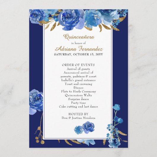 Royal Blue Roos en Elegant Gold Leaf Quinceanera Programmakaart (Voorkant)