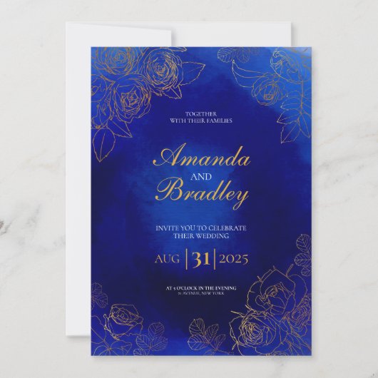 Royal Blue Roos Fancy Gold Lace QR Code Wedding Kaart (Voorkant)