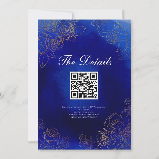 Royal Blue Roos Fancy Gold Lace QR Code Wedding Kaart (Achterkant)