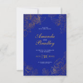 Royal Blue Roos Fancy Gold Lace QR Code Wedding Kaart (Voorkant)