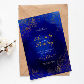 Royal Blue Roos Fancy Gold Lace QR Code Wedding Kaart