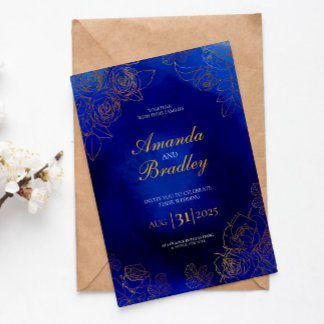 Royal Blue Roos Fancy Gold Lace QR Code Wedding Kaart