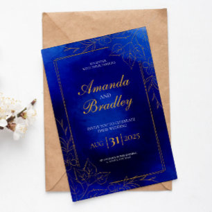 Royal Blue Roos Fancy Gold Lace QR Code Wedding Kaart