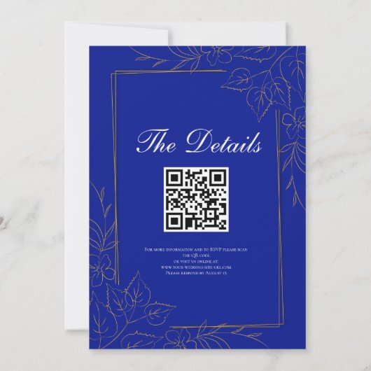 Royal Blue Roos Fancy Gold Lace QR Code Wedding Kaart (Achterkant)