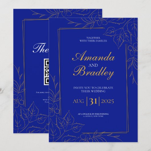 Royal Blue Roos Fancy Gold Lace QR Code Wedding Kaart (Voorkant / Achterkant)