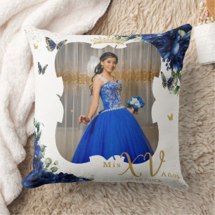 Royal Blue Roos Floral Afbeelding Quinceañera Meme Kussen