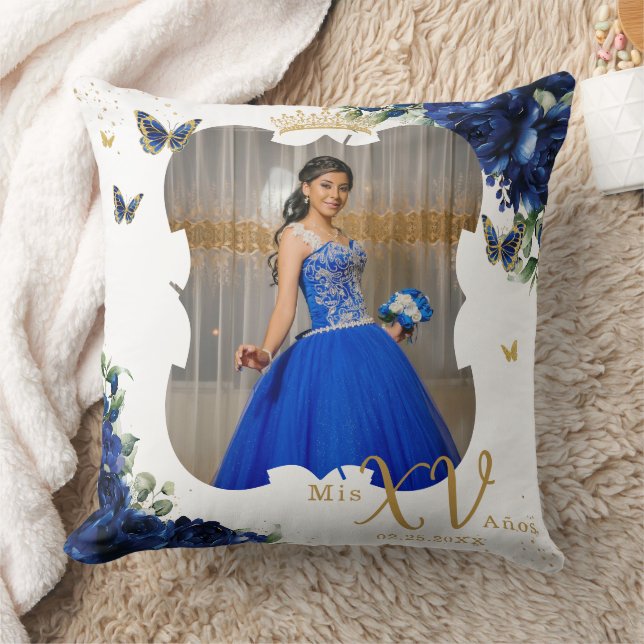 Royal Blue Roos Floral Afbeelding Quinceañera Meme Kussen (Deken)