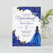 Royal Blue Roos & Gold Elegant Photo Quinceañera Kaart (Staand voorkant)