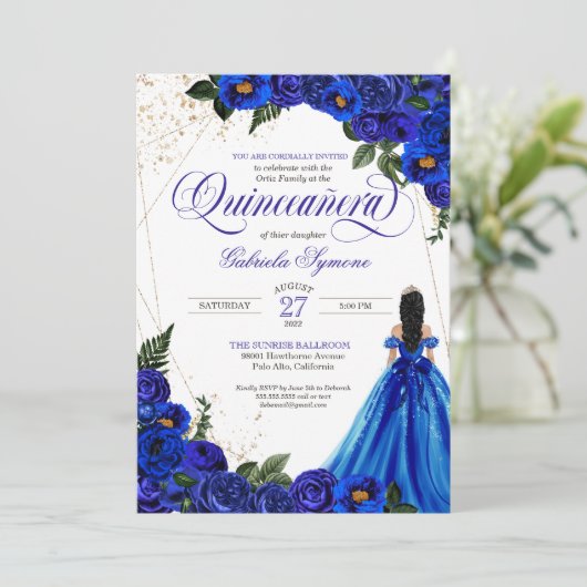 Royal Blue Roos & Gold Elegant Photo Quinceañera Kaart (Staand voorkant)