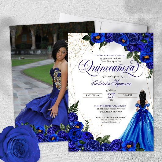 Royal Blue Roos & Gold Elegant Photo Quinceañera Kaart