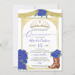 Royal Blue Roos Gold Floral Charro Quinceanera Kaart