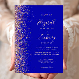 Royal Blue Roos Gold Glitter Edge Wedding Kaart