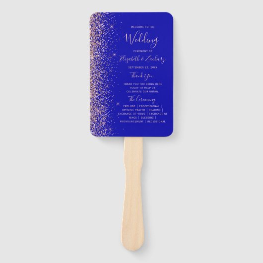 Royal Blue Roos Gold Glitter Edge Wedding Program Handwaaier (Voorkant)