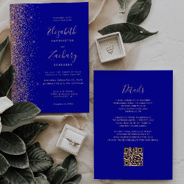 Royal Blue Roos Gold Glitter QR Code Wedding Kaart