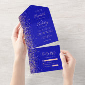 Royal Blue Roos Gold Glitter Wedding All In One Uitnodiging (Afscheurbaar)