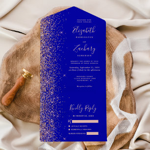 Royal Blue Roos Gold Glitter Wedding All In One Uitnodiging