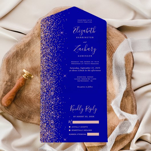 Royal Blue Roos Gold Glitter Wedding All In One Uitnodiging
