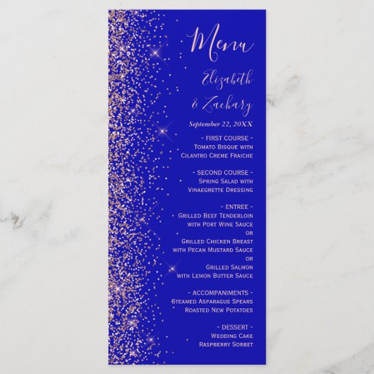 Royal Blue Roos Gold Glitter Wedding Menu (Voorkant)
