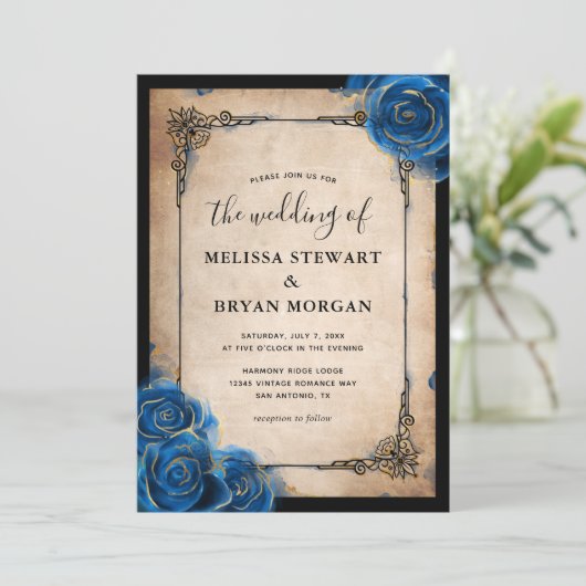 Royal Blue Roos Goud Zwart  Elegant Huwelijk Kaart (Staand voorkant)