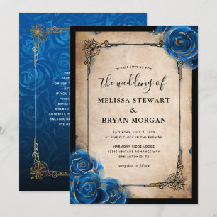 Royal Blue Roos Goud Zwart  Elegant Huwelijk Kaart