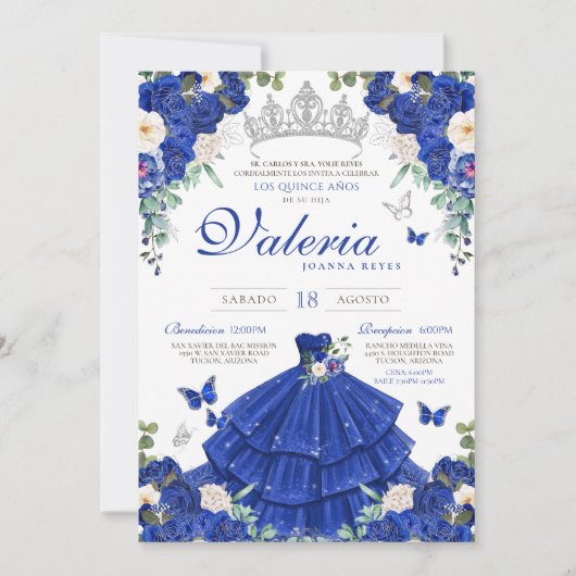 Royal Blue Roos Zilveren Prinses Quinceanera Kaart (Voorkant)