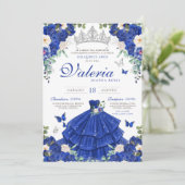 Royal Blue Roos Zilveren Prinses Quinceanera Kaart (Staand voorkant)
