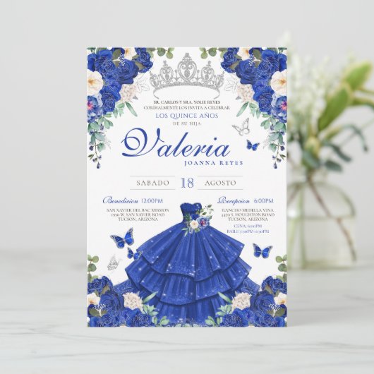 Royal Blue Roos Zilveren Prinses Quinceanera Kaart (Staand voorkant)