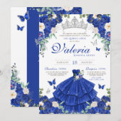 Royal Blue Roos Zilveren Prinses Quinceanera Kaart (Voorkant / Achterkant)