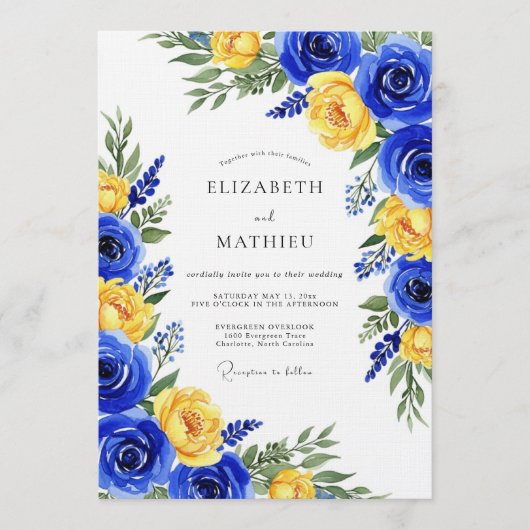 Royal Blue Rose Botanical Wedding Kaart (Voorkant)
