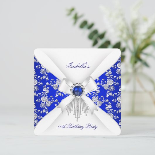 Royal Blue Rose Damask Pearl Birthday Kaart (Staand voorkant)