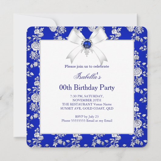 Royal Blue Rose Damask Pearl Birthday Kaart (Achterkant)