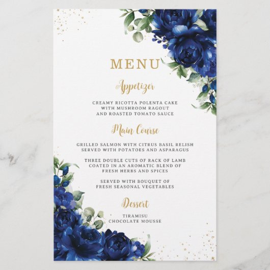 Royal Blue Roses Floral Flowers Menu Sheet  (Voorkant)