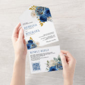 Royal Blue Roses Floral QR Code Wedding All In One Uitnodiging (Afscheurbaar)