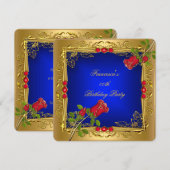 Royal Blue Roses Gold Elegant Birthday Party Kaart (Voorkant / Achterkant)