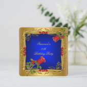 Royal Blue Roses Gold Elegant Birthday Party Kaart (Staand voorkant)