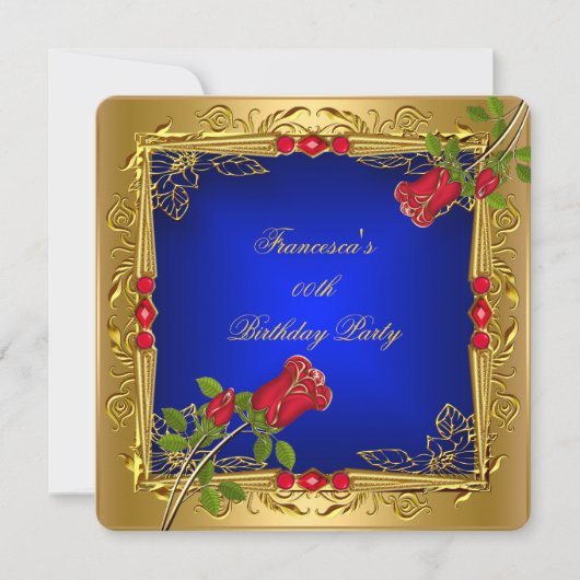 Royal Blue Roses Gold Elegant Birthday Party Kaart (Voorkant)