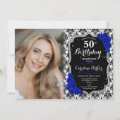 Royal Blue Rozen Black Damask Foto 50ste verjaarda Kaart (Voorkant)